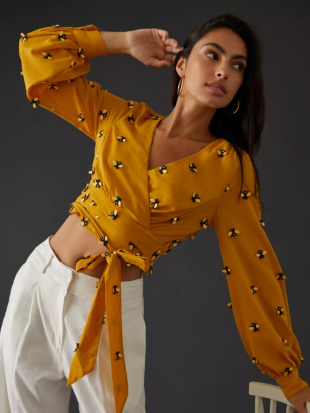 Maeve Anthropologie Bumblebee Embellished Cotton Wrap Crop Top size 4